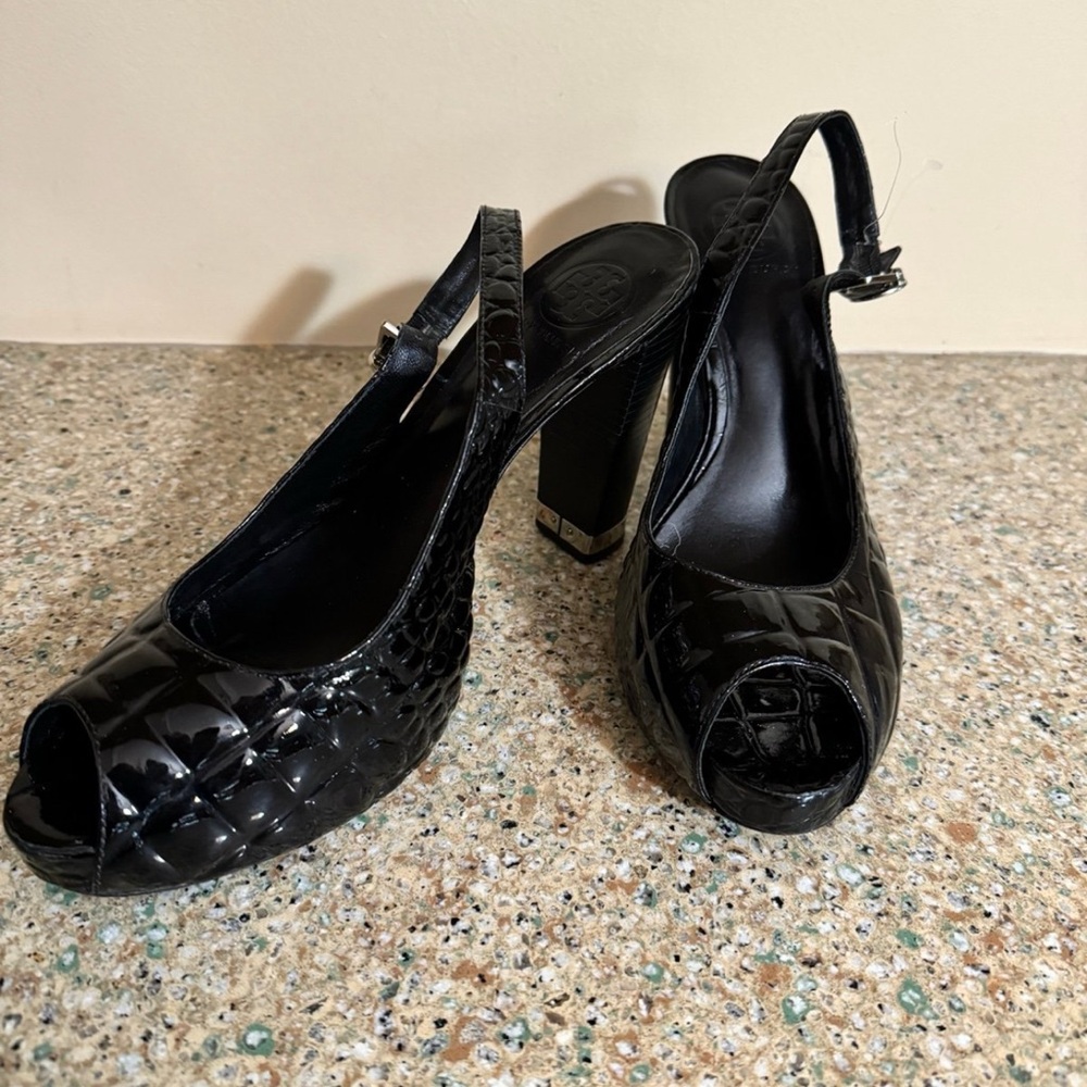 TORY BURCH Allison black croc patent leather peep-toe heels